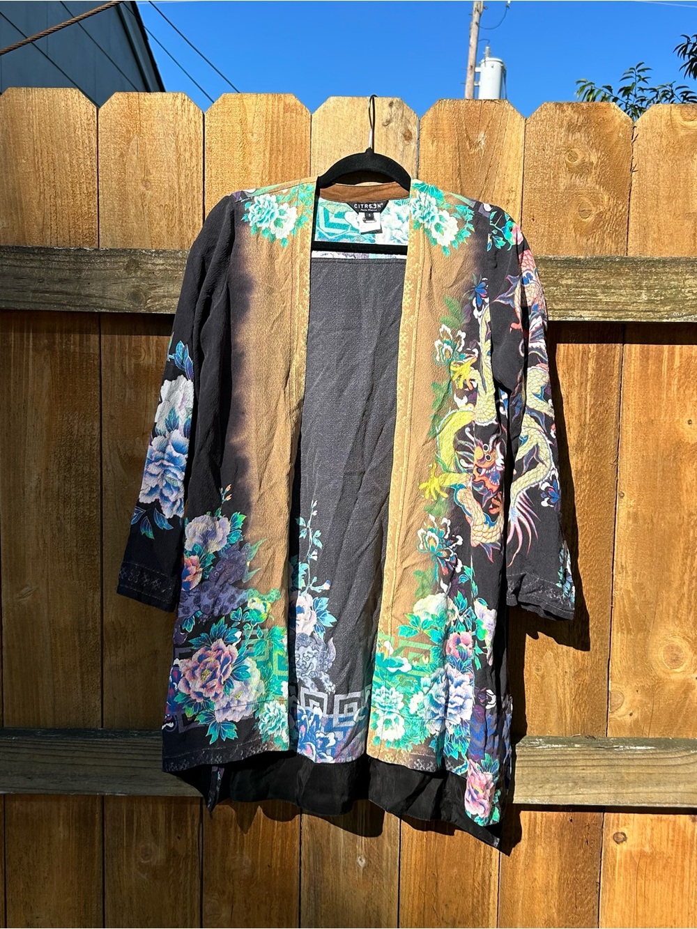 CITRON Santa Monica Asian dragon 100% Silk Kimono bohemian jacket size small